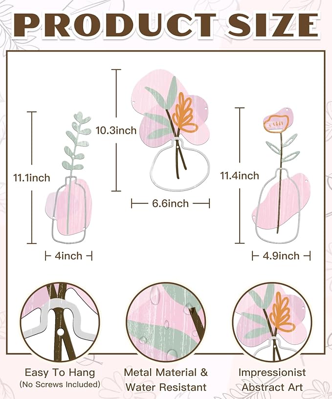 Putuo Decor 3Pcs Metal Flower Wall Art, Minimalist Flower Vase Bathroom Wall Decor, Rustic Farmhouse Decor for Living Room, Bathroom, Bedroom, Elegant Housewarming Gift(Pink)