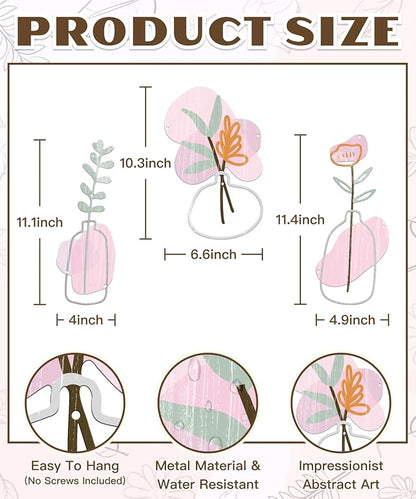 Putuo Decor 3Pcs Metal Flower Wall Art, Minimalist Flower Vase Bathroom Wall Decor, Rustic Farmhouse Decor for Living Room, Bathroom, Bedroom, Elegant Housewarming Gift(Pink)