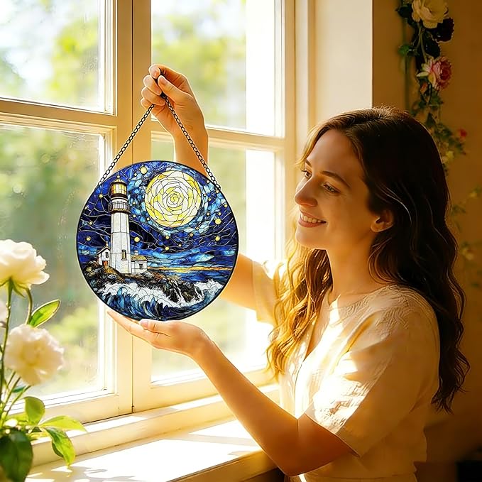 Stained Glass Window Hanging, 8 Inch Ocean Lighthouse Suncatcher, Sun Catchers Indoor Window, Suncatchers for Windows Hanging, Spring Home Garden Decor Panel Mothers Day Birthday Gift for Mom Grandma