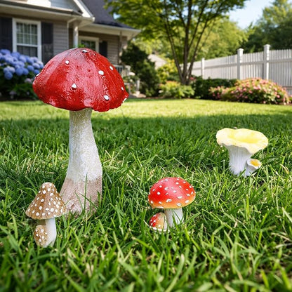 Miniature Resin Mushroom Decor for Fairy Garden – 6 PCS Colorful Mushroom Figurines, Yard Art Ornaments for Outdoor Garden, Bonsai & Terrarium Decorations (Four Set)