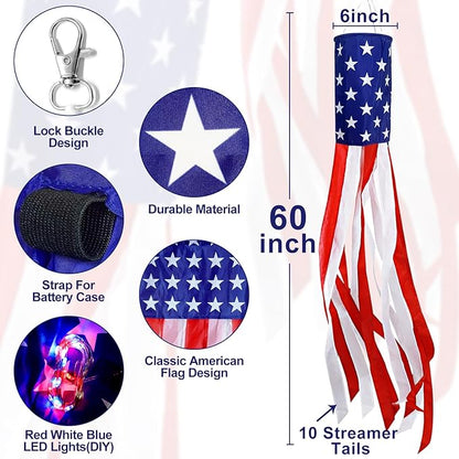 3 Pack 60 Inch Large American Flag Windsocks with Red White Blue Lights, 4th of July Decorations 250th Anniversary Patriotic USA Wind Sock for Outside Heavy Duty Memorial Day Yard Outdoor Decor