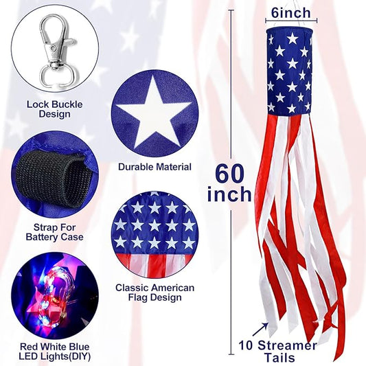 3 Pack 60 Inch Large American Flag Windsocks with Red White Blue Lights, 4th of July Decorations 250th Anniversary Patriotic USA Wind Sock for Outside Heavy Duty Memorial Day Yard Outdoor Decor