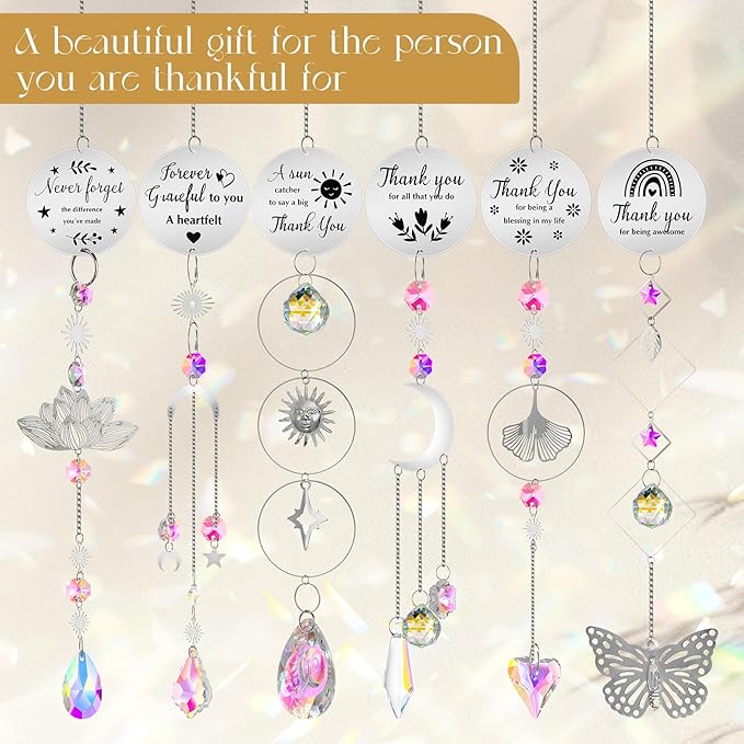 Briwooody 6 Pcs Thank You Gifts for Women Crystal Suncatcher Thank You with Engraved Message Hanging Sun Catcher Ornament for Windows Friend Family Teacher Coworkers Appreciation Gratitude Gift
