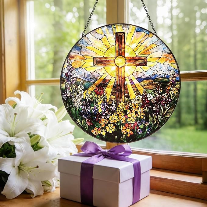 Christian Cross Stained Glass Window Hanging – Round Faith Suncatcher with Chain, Colorful Glass Ornament for Living Room Home Garden Decor Gift, 8 Inch