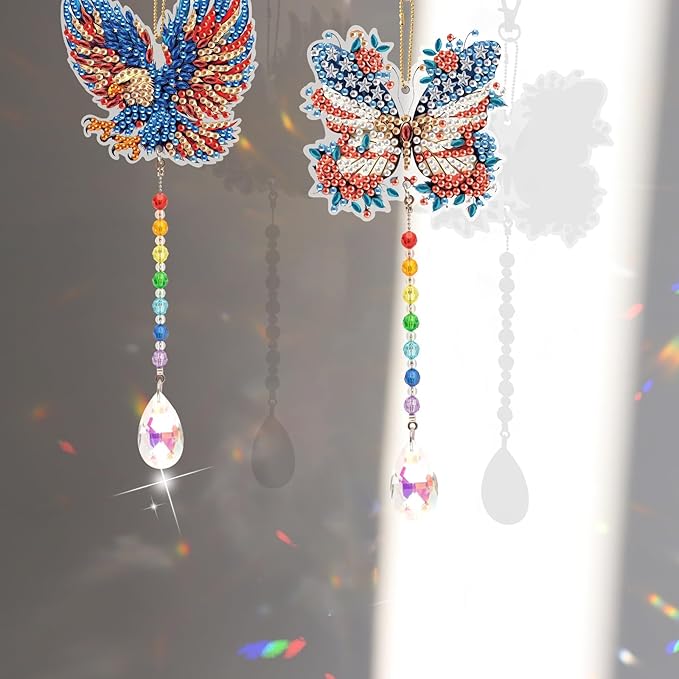 2pcs Diamond Art Painting Wind chime with Crystal pendant, DIY Eagle and Butterfly Double-sided design Special Shape Acrylic Crystal Diamond Art Ornament, Home Window Garden Hanging Pendant Decoration