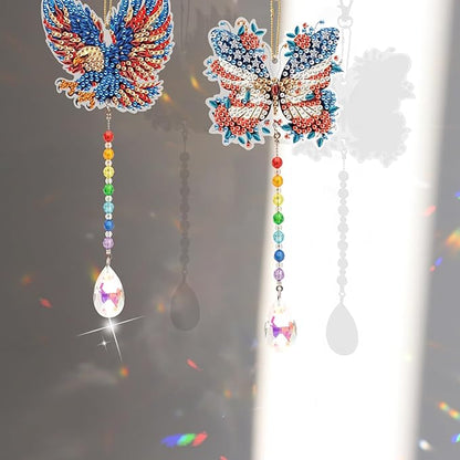 2pcs Diamond Art Painting Wind chime with Crystal pendant, DIY Eagle and Butterfly Double-sided design Special Shape Acrylic Crystal Diamond Art Ornament, Home Window Garden Hanging Pendant Decoration