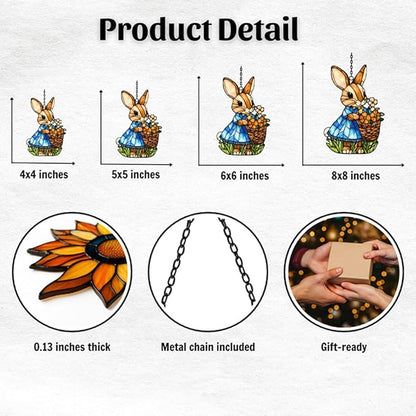 Whimsical Bunny Mosaic Warm Floral Acrylic Suncatcher Stained Glass Effect Window Car Hanging Christmas Ornament Indoor Outdoor Decor Garden Sun Catcher Panel for Easter Lover for Women Mom Grandma