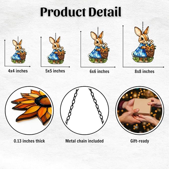 Whimsical Bunny Mosaic Warm Floral Acrylic Suncatcher Stained Glass Effect Window Car Hanging Christmas Ornament Indoor Outdoor Decor Garden Sun Catcher Panel for Easter Lover for Women Mom Grandma