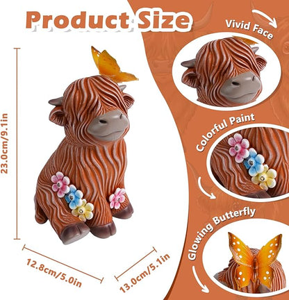 Highland Cow Garden Statue with Butterfly - Outdoor Decor for Yard, Patio & Lawn - Cute Cattle Figurine, Whimsical Backyard Ornament & Art, Unique Gifts for Grandma, Mom & Cow Lovers