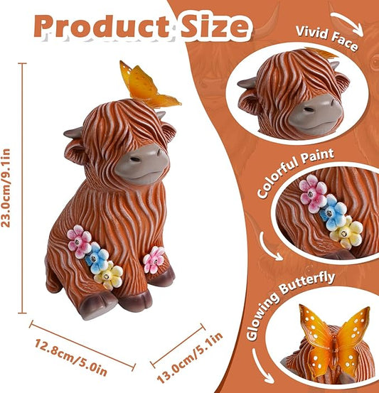 Highland Cow Garden Statue with Butterfly - Outdoor Decor for Yard, Patio & Lawn - Cute Cattle Figurine, Whimsical Backyard Ornament & Art, Unique Gifts for Grandma, Mom & Cow Lovers