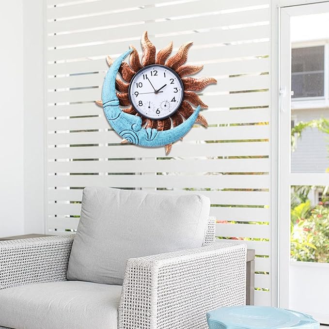 MUMTOP 14 Inch Sun and Moon Outdoor Clock, Outside Waterproof Wall Clock with Thermometer for Patio Pool Living Room Home Decor
