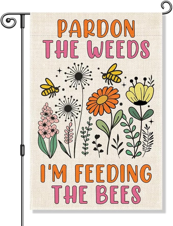 Perfectinsoy Pardon the Weeds I'm Feeding the Bees Garden Flag, No Mow Sign, Bee Keeper Yard Decor, Pollinator Garden Sign, Welcome Backyard Farmhouse Spring Outdoors Decor, Wildflower Bee Lover Gifts