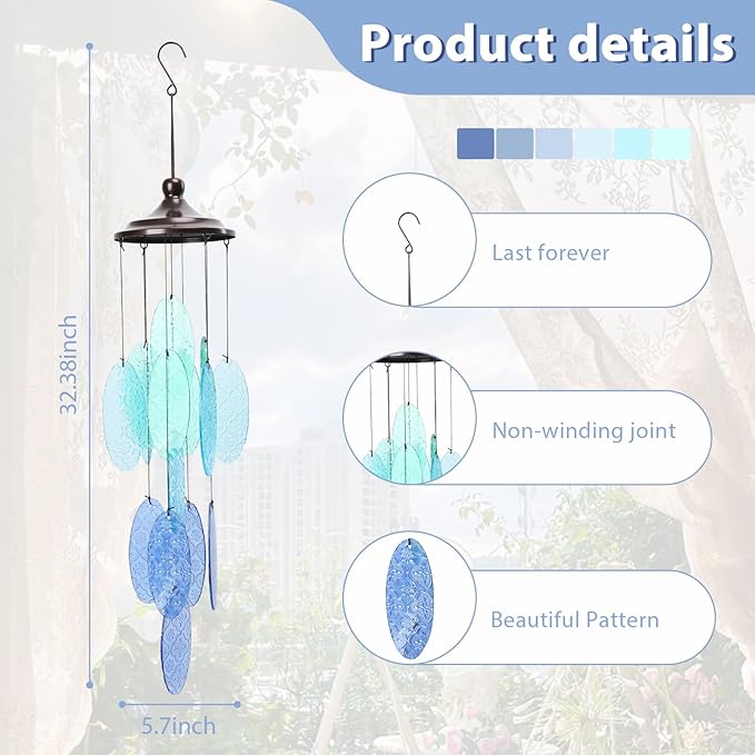 MUMTOP Wind Chimes for Outside, Stained Glass Wind Chime Windchimes for Patio, Outdoor,Garden,Yard,Coastal,Window,Home Decor or Gifts for Women