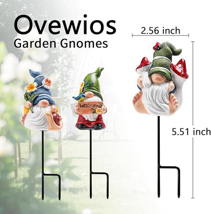 Garden Gnome Statue, Resin Miniature Gnome Set of 3PCS, Figurine with Garden Stakes for Lawn Patio Yard Outdoor Home Decor