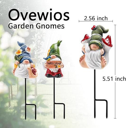 Garden Gnome Statue, Resin Miniature Gnome Set of 3PCS, Figurine with Garden Stakes for Lawn Patio Yard Outdoor Home Decor
