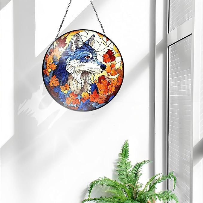 Bimkole Wolf Stained Glass Suncatcher Window Hanging - Animals Design for Indoor Window or Doorway Decoration - 7.87x7.87 inch with Chain and Hook - Unique Home Decor Gift