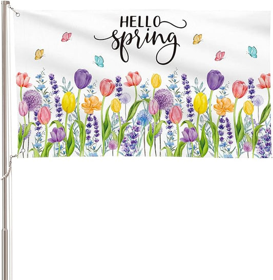 AVOIN colorlife Hello Spring Tulip Lavender House Flag 3x5 FT Double Sided, Seasonal Flower Large Banner Yard Outdoor Flag