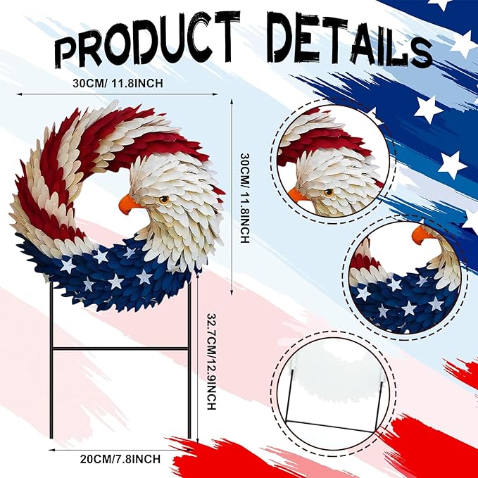 Amyhill 2 Pcs 4th of July Outdoor Decor Patriotic Eagle Metal Garden Stakes Welcome Yard Signs Red White Blue Garden Stakes for 250th Anniversary Independence Memorial Day Patio Lawn Walkway Outside