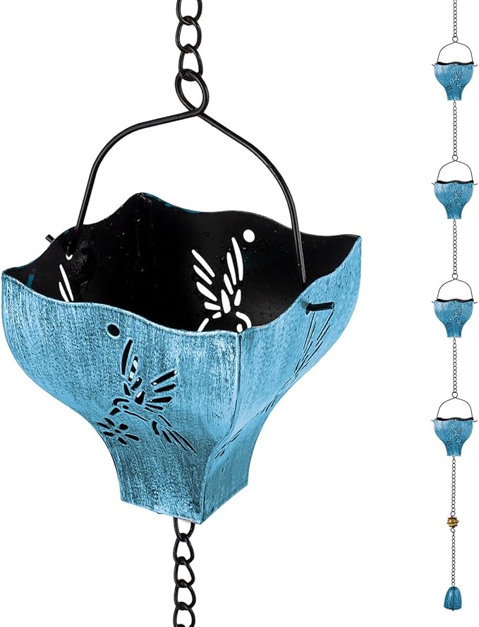 dreamysoul Rain Chains for Outside, 9.41FT with 8 Hollow Hummingbird Pattern Cups Rain Catcher Chains, Outdoor Rain Gutter Chains for Downspout, Eaves Drainage