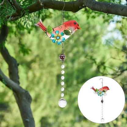 BESPORTBLE Creative Red Bird Hanging Ornament Glass and Iron Garden Statue Scene Tree Adornment Courtyard Decoration Stained Glass Window Hanging Art Craft