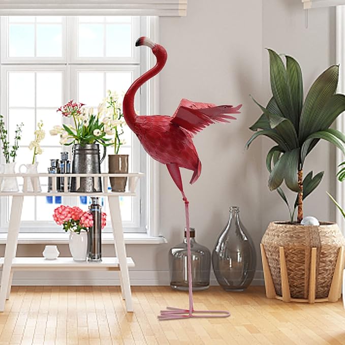 Flamingo Ornament,Flamingo Garden Statues and Sculptures,Metal Birds Yard Art Outdoor Statue, Red Pink Flamingo Lawn Ornaments for Home, Patio, Backyard Decor (1)