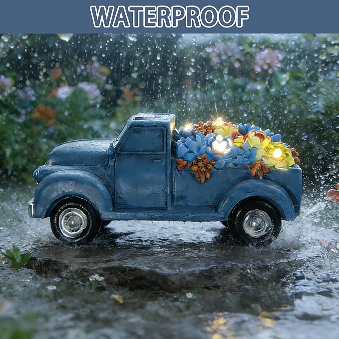 Solar Garden Decor Outdoor Statues Truck with Succulent and 7 LED Lights, Yard Decor for Outside, Yard Art Gardening Gifts for Women Mom Grandma (Blue Truck)