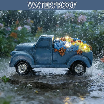 Solar Garden Decor Outdoor Statues Truck with Succulent and 7 LED Lights, Yard Decor for Outside, Yard Art Gardening Gifts for Women Mom Grandma (Blue Truck)