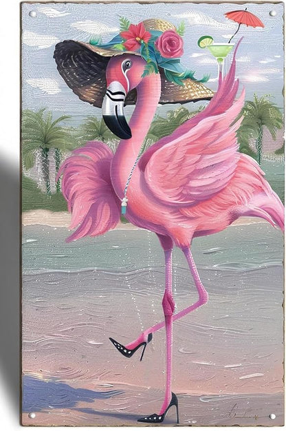 TRENDSTHAN Funny Vintage Metal Signs Pink Flamingo Wall Art Decor Posters Retro Tin Sign Beautiful Flamigos Lady Morden Home Man Cave Garage Restroom Bathroom Decorations Hanging Plaque 12x8 Inch