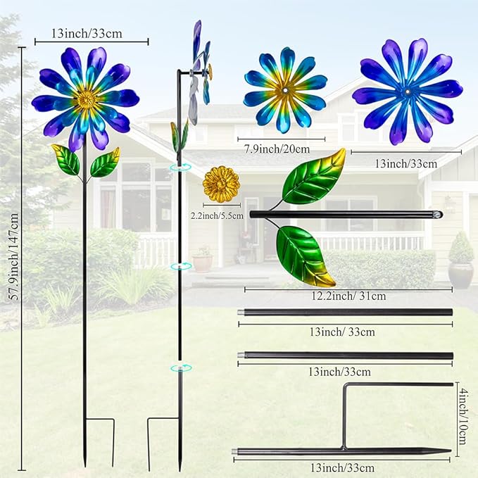 Metal Flower Wind Spinners Outdoor,Double-Layer Garden Windmill Flower Pinwheels for Yard and Garden Decorations