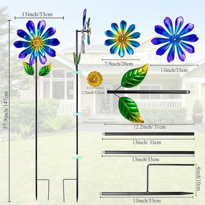Metal Flower Wind Spinners Outdoor,Double-Layer Garden Windmill Flower Pinwheels for Yard and Garden Decorations