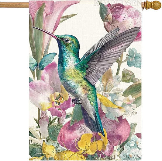 Spring Summer House Flag for Outside 28x40 Double Sided, Hummingbird Flowers Large Garden Flags Seasonal Farmhouse Holiday Yard Outdoor Decoration