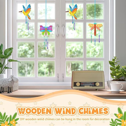 Leinuosen 30 Pcs Wind Chime Kit Hummingbird Wooden Wind Chimes Decorative Butterfly Windchimes Hanging Dragonfly DIY Crafts for Indoor Outdoor Garden Home Patio Party Crafts Decorations