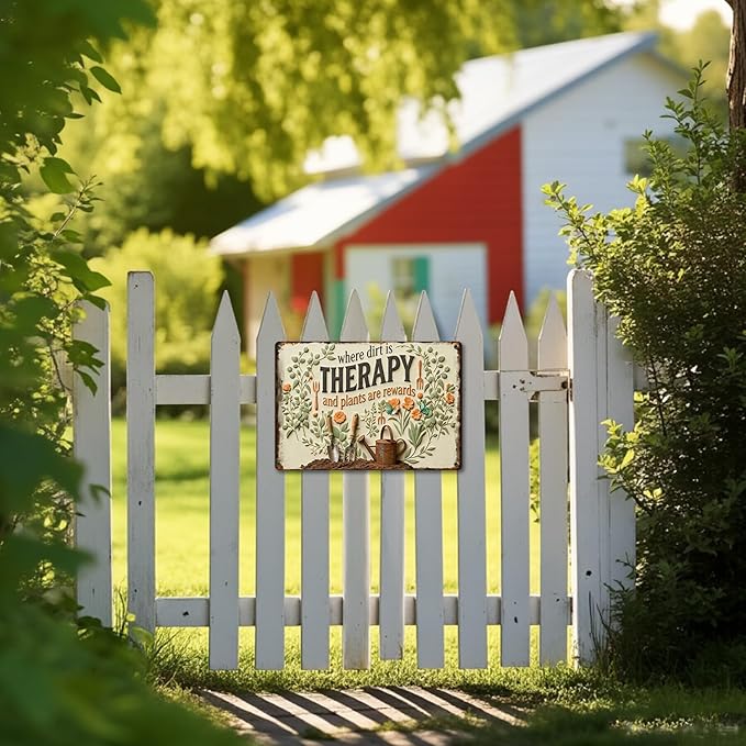 Garden Signs for Outside Where Dirt is Therapy and Plants Are Rewards,2D Flat Funny Metal Signs for Home Garden Patio Yard, Retro Gardening Gifts for Women, Wall Decor 12" x 8"