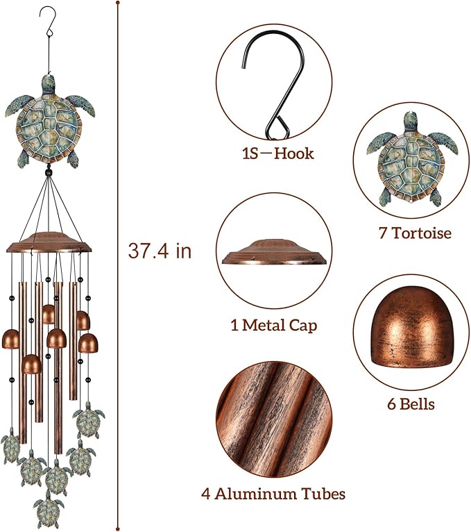 Wind Chimes for Outside, Sympathy Wind Chimes for Outdoors Garden Decor with Natural Sounds, Gifts for Women Mom and Grandma, Indoor Outdoor Decorations for Patio Porch Garden and Backyard (Turtle)