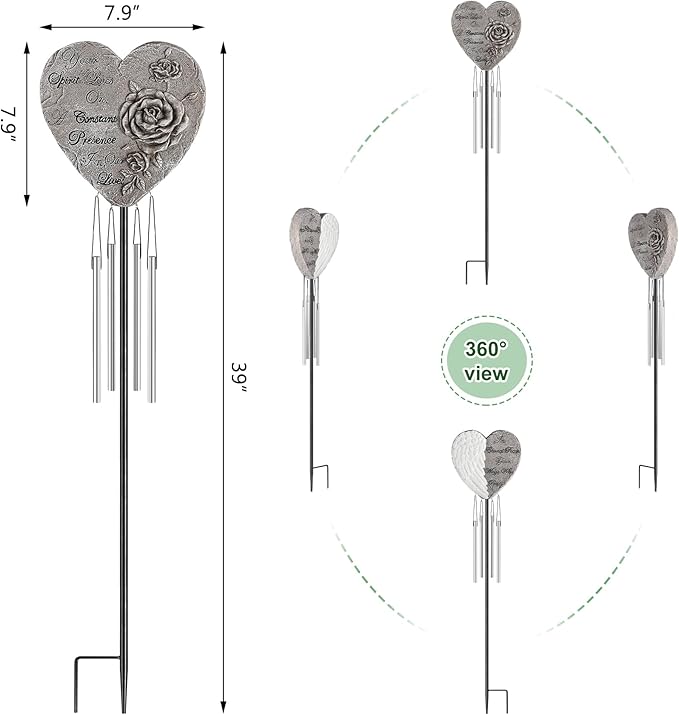 bocola Resin Heart Wind Chime with Rose & Angel Wings Engravings - Memorial Plaques for Garden Cemetery Grave Decoration-Sympathy Gifts for Loss of Loved One