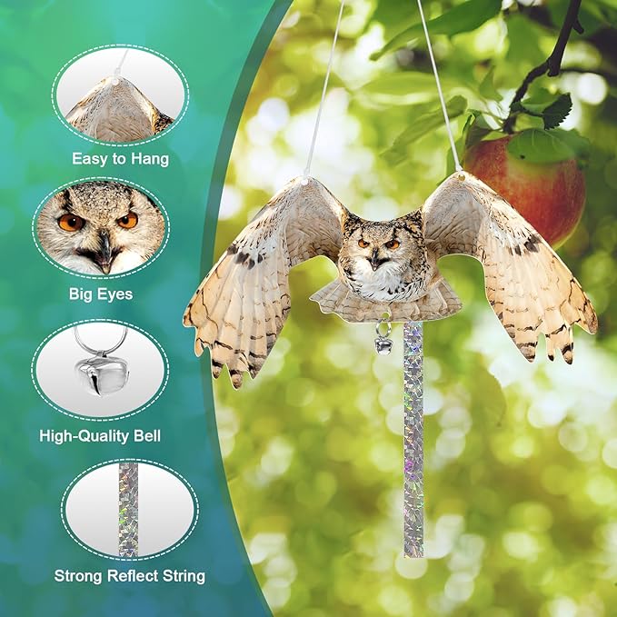 Owls to Keep Birds Away: 2Pcs Fake Owls with Reflective Tape for Garden Patio Tree, Bird Scare Reflective Hanging Decoration to Keep Birds Pigeon from Windows Tree Garden