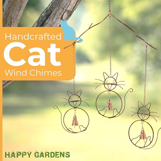 Happy Gardens Cat Wind Chimes with Three Bells | Outdoor Gifts for Cat Lovers | Home Decor for Garden and Patio