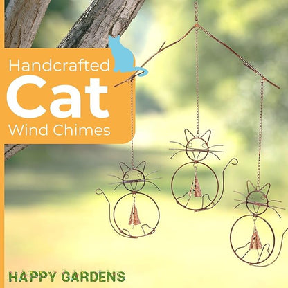 Happy Gardens Cat Wind Chimes with Three Bells | Outdoor Gifts for Cat Lovers | Home Decor for Garden and Patio