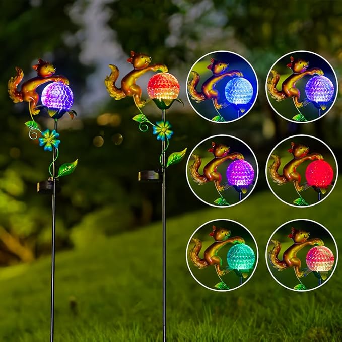 2 Pack Solar Pathway Lights Outdoor, Squirrel Solar Garden Lights, Waterproof Colorful Global Landscape Lighting, Decorative Garden Decor Gifts for Mom, Women