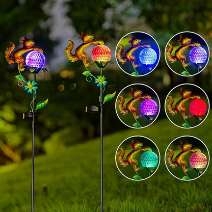2 Pack Solar Pathway Lights Outdoor, Squirrel Solar Garden Lights, Waterproof Colorful Global Landscape Lighting, Decorative Garden Decor Gifts for Mom, Women