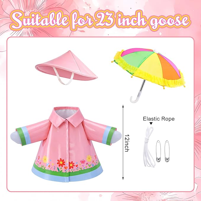 DECOHS 3 Pcs/Set Raincoat Porch Goose Outfits, Summer Lawn Goose Statue Raincoat Costume, Yard Goose Clothes Raincoats Umbrella Hat Outfit for 23" Statue Patio Garden Decoration (Pink)
