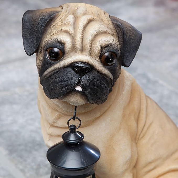 Bits and Pieces - Fawn Pug Solar Lantern Statue - Solar Powered Garden Lantern - Resin Dog Sculpture with LED Light - Outdoor Lighting and Décor