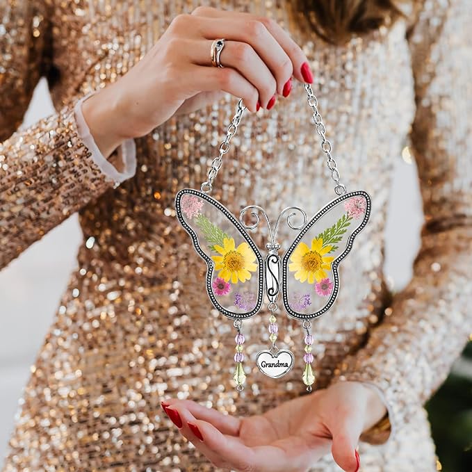 Butterfly Suncatcher Wind Chime with Embossed Colorful Flower Wings, for Mom Butterfly Glass Wind Chime with Hook and Metal Heart Hang Tag, Birthday Gift for Mom's Grandmother (Yellow Grandma)