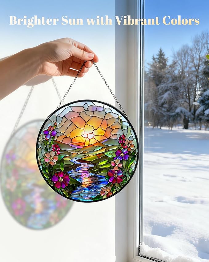 Stained Glass Window Hanging, Sunrise Lake Sun Catchers Glass Panel, Suncatcher Window Decor 8", Birthday for Women Men Mom and Friend Colleague