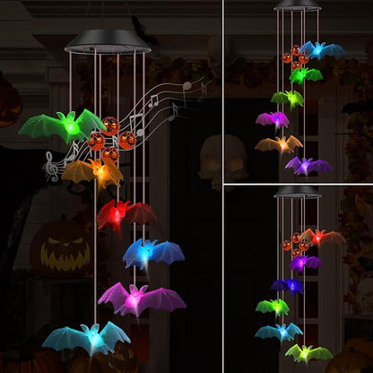 Bat Solar Lights Wind Chimes for Outside Garden Decoration, Color Changing Halloween Lights Wind Chimes with Pumpkin Bells, Bat Solar Chimes Outdoor Waterproof for Garden Patio Yard Porch Party Decor