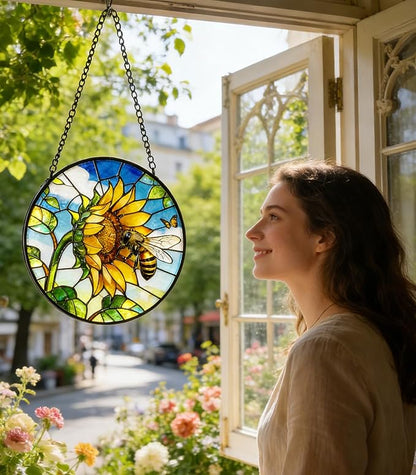 Stained Glass Window Hanging - Sunflower Flower and Bees on a Branch Suncatcher for Window Doors Home Decoration and Christmas, 6.3x6.3 inch