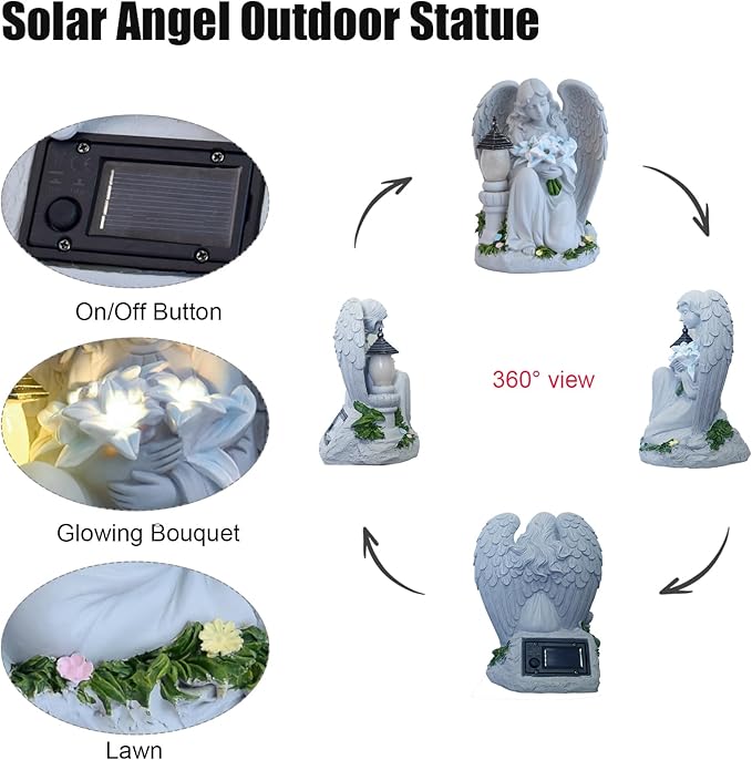 Solar Garden Angel Statue for Outdoor Yard Decor, Resin Garden Sculpture, Weatherproof Statues for Angels Memorial Gifts for Women, Mom, Grandma