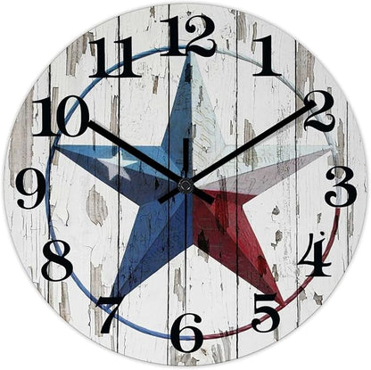 Country Wall Clock Western Texas Star Antique Wood Clock Non-Ticking Quiet Battery Operated with Large Numbers Stylish Desk Clock for Farmhouse Patio Living Room Decor 12 Inch