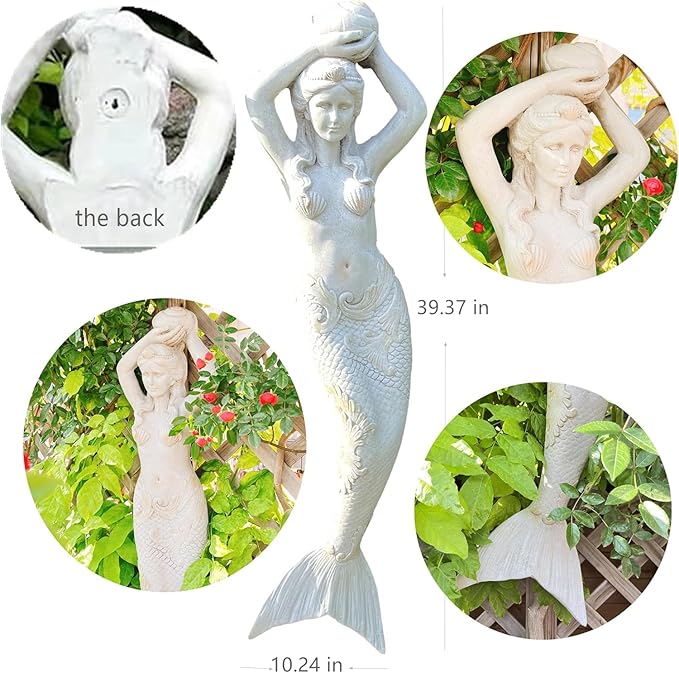 GRASOLAR 39 Inch Tall Mermaid Wall Mounted Sculpture, Wall Decoration, Outdoor Garden Statue, Mermaid Hook, Wall Art, Courtyard Backyard Decor