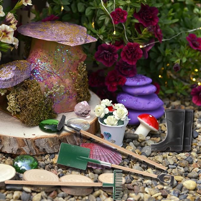 Miniature Fairy Garden Accessories Set 9 Pcs 1:12 Mini Metal Spade Pestle Kettle Wagon Rake Garden Watering Supplies Micro Landscape Ornaments Dollhouse Accessories